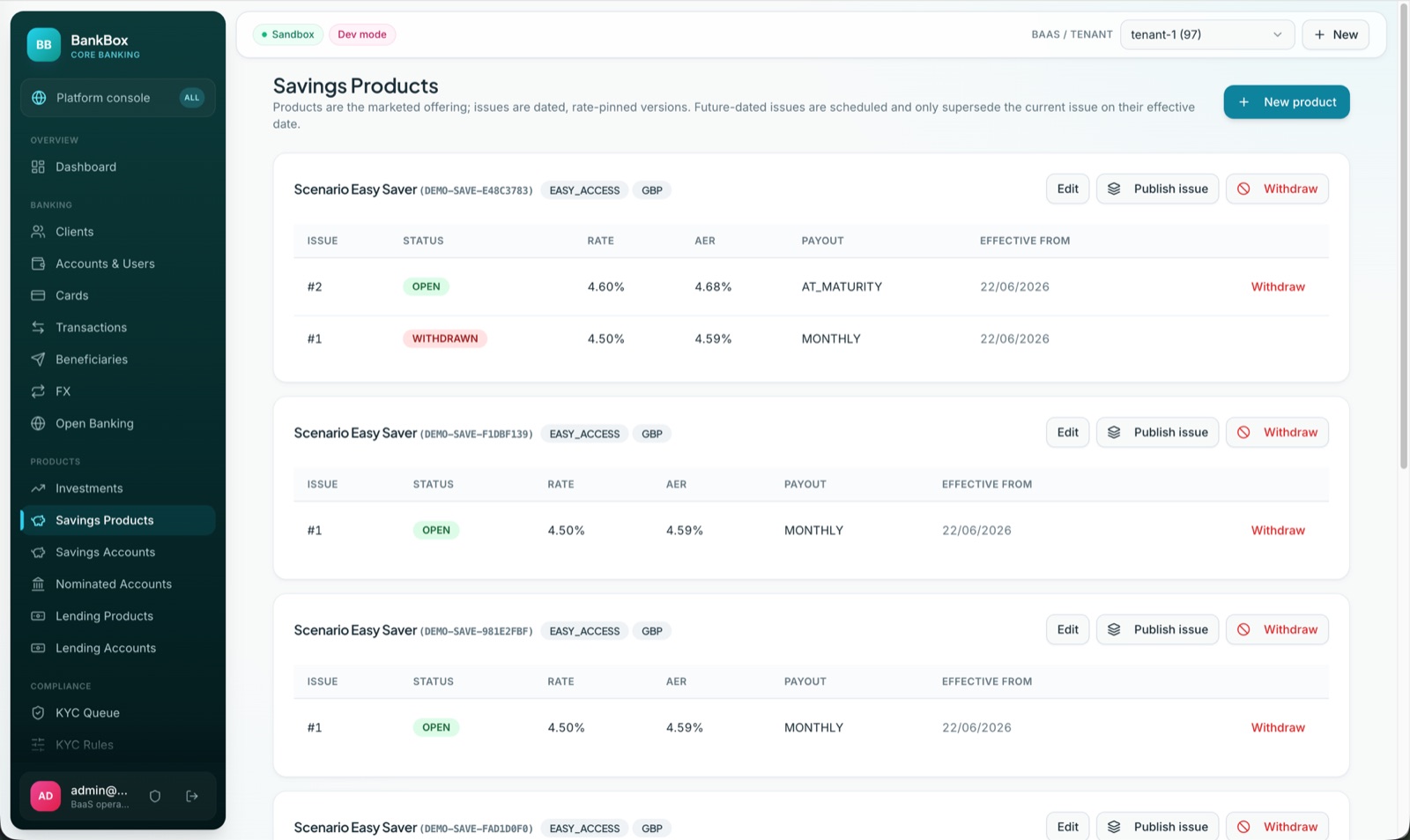 Universal Sandbox savings products with dated, rate-pinned issues showing rate, AER and payout schedule